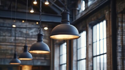 Obraz premium A close-up of industrial lighting fixtures hanging from the high ceiling of a repurposed factory-turned-loft