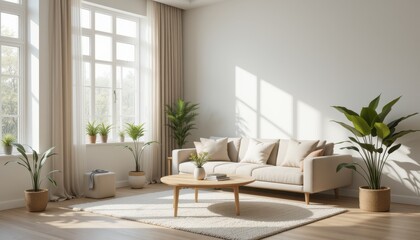 Fototapeta premium Elegant living room with large windows and a beige sofa, creating a warm and inviting space, perfect for home decor or interior design concepts.