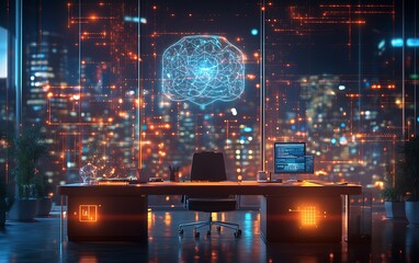 Futuristic office at night with a digital brain hologram over a cityscape.