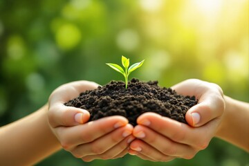 Hands gently cradling soil with a young green seedling growing, on a blurred natural background. Concept of growth, care, and environmental sustainability. Ai generative