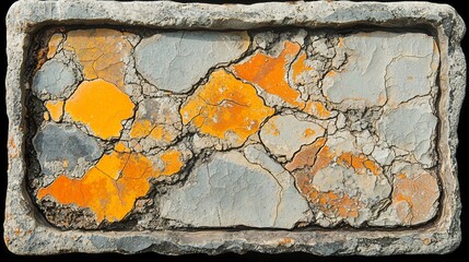 Cracked, orange and gray textured stone slab.