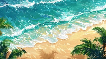 Fototapeta na wymiar Aerial view of turquoise ocean waves crashing on a sandy beach with palm trees.