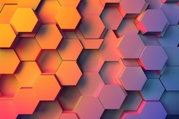 A vibrant abstract background featuring a dense array of 3D hexagons. A gradient blends warm orange hues into cool purples, creating a dynamic visual texture.