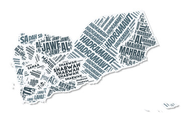 Obraz premium Yemen shape text cloud. Country border with shadow on white background. Yemen with regions division in vintage gazette style. Vibrant vector illustration.
