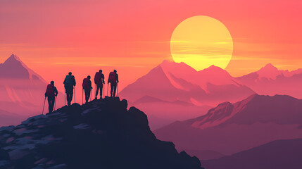 Fototapeta premium group of climbers at sunset