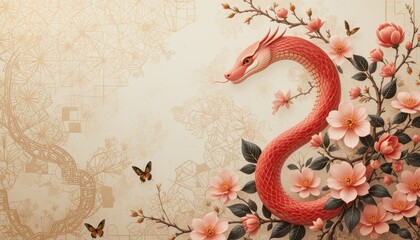 Obraz premium Elegant dragon illustration with floral details, creating a mythical and artistic design, ideal for Asian-themed or fantasy projects.