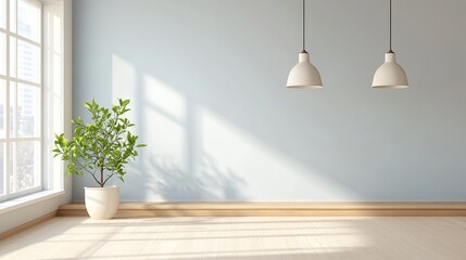 Fototapeta premium A minimalist interior with natural light, plants, and pendant lighting.