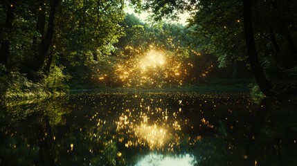 A dazzling Independence Day firework display over a calm lake, with reflections creating a magical holiday scene
