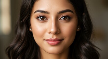 Naklejka premium Close-up portrait of a confident young woman with a radiant expression