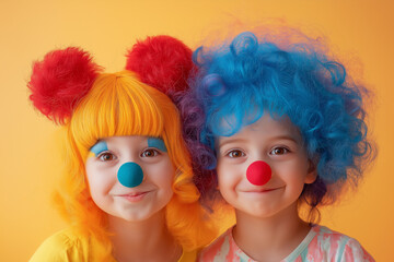 Naklejka premium Two young children are wearing clown wigs and noses, creating a cheerful and playful atmosphere