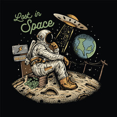A man in a spacesuit sits on a rock on the moon. The man is looking at the camera and the words "Lost in Space" are written on the background