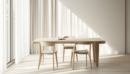 Serene Minimalist Dining Room Interior Design: Sunlight Streaming Through Sheer Curtains Illuminates Light Wood Table and Chairs