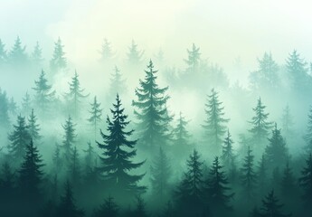 Fototapeta premium Misty evergreen forest landscape, silhouettes of pine trees in fog.