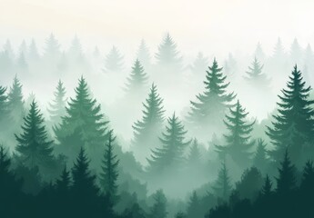 Fototapeta premium Misty evergreen forest landscape, serene nature scene with fog-covered trees.