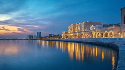 Naklejka premium Arabian Gulf skyline, a view ofskyline reflecting in calm waters during twilight