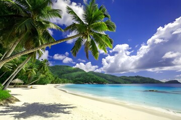 Beautiful beach with coconut trees.  For banners, posters, backgrounds, wallpaper, landscapes, and scenery use