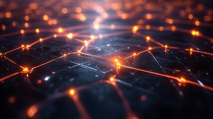 Fototapeta premium Abstract Network Orange Glowing Lines Dark Surface