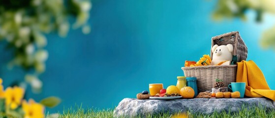 Fototapeta premium [Picnic Essentials picnic snacks outdoor] Whimsical Birdhouse Garden Oasis: Colorful Fruit & Tiny Blooms