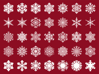 Snowflakes white line art vector icon set on red background. Snowflake isolated silhouette collection. Winter and Christmas holiday symbol.