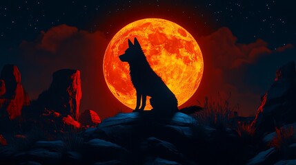 Silhouette of dog sitting on rock against fiery red moon.
