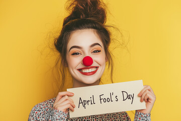 Young woman with red clown nose and messy hairstyle holding a sign celebrating april fool's day, smiling on a yellow background