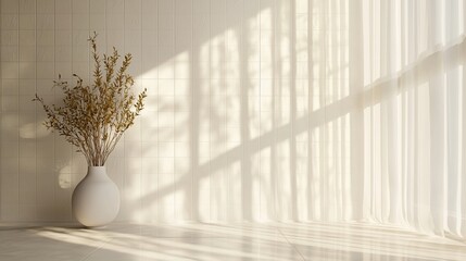 Minimalist room interior with dried flowers in vase, sunlight through sheer curtains.