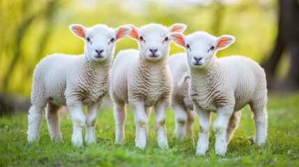 Fototapeta premium Three adorable lambs frolic in a lush green field. Perfect for spring themes, Easter, or agriculture.