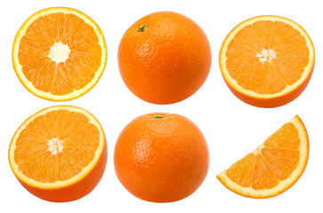 Orange fruit, half and slices isolated, transparent PNG, PNG format, cut out