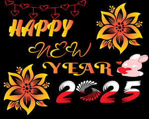 Decorative 2025 happy new year card, poster design with a red background. The best happy new year 2018 card, poster, banner concept. 2025 gift card design. Colorful happy new 2025 year card