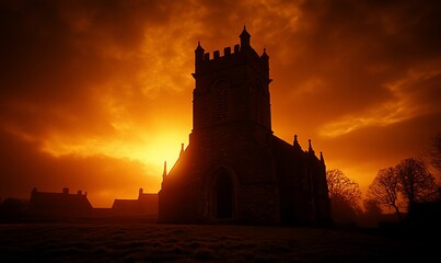 Obraz premium Silhouetted church at dramatic sunrise.