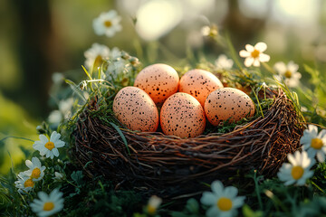 Colorful pastel eggs, decorated with patterns, laid out on a festive table with flowers and napkins
