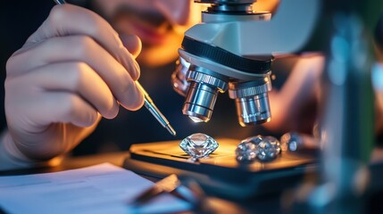 Expert examines diamonds under state-of-the-art microscope, showcasing precision in gem analysis. Enhance gemstone knowledge with advanced techniques.