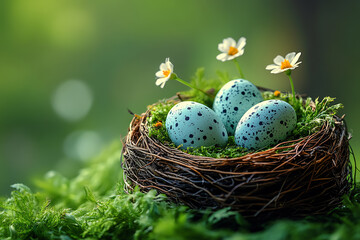 Fototapeta premium Colorful pastel eggs, decorated with patterns, laid out on a festive table with flowers and napkins
