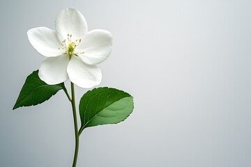 Obraz premium Single white flower blossom with green leaves on a light gray background.