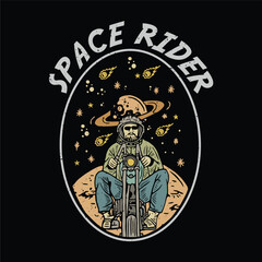 A man is riding a motorcycle on a planet. The man is wearing a helmet and is sitting on the motorcycle