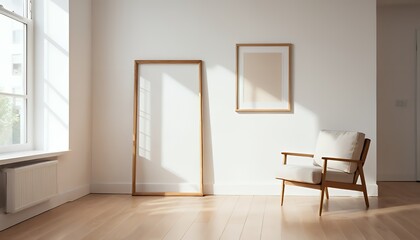 Sunlight Illuminates Minimalist Living Room: Wooden Chair, Empty Frames, and Light Wooden Floors