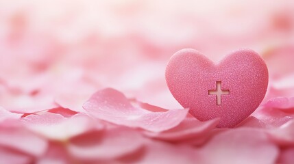 Fototapeta premium Pink Glittery Heart Resting on Rose Petals