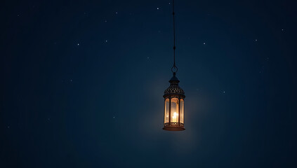 A single glowing lantern floating in a dark night sky filled with faint stars, with soft, warm light radiating outward.

