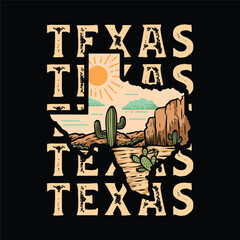 A Texas themed t-shirt with a desert landscape and a cactus. The t-shirt is black and white  © Gangsar