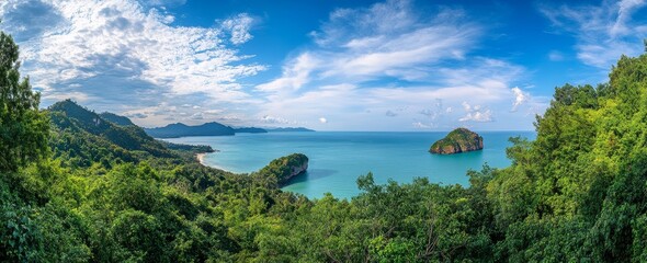 Panoramic view of a tropical bay with lush green vegetation and blue ocean under a partly cloudy sky.