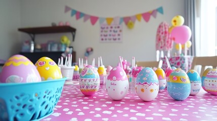 A joyful Easter egg painting activity with children decorating eggs with vibrant paints and stickers, styled with a festive table setup