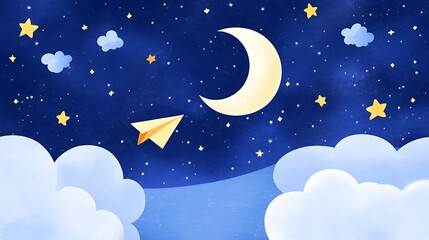 Naklejka premium Dreamy Night Sky with a Paper Airplane Flying Towards the Moon and Stars Surrounded by Clouds