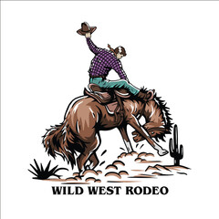 A cowboy riding a horse that is bucking, Wild west rodeo