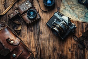 Vintage cameras, map, leather bags, and glasses on a wooden table.