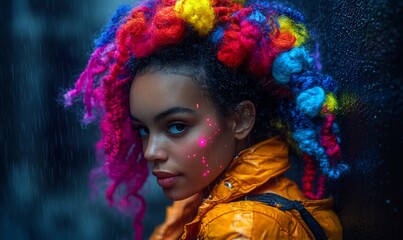 Naklejka premium Stylish woman with colorful dreadlocks and futuristic makeup in the rain.