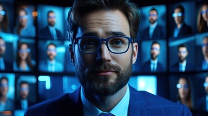 Fototapeta premium Businessman in eyeglasses stands before video wall of colleagues.