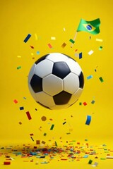 Soccer ball kicking in mid-air with confetti and Brazilian flag on yellow background, confetti, goal