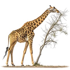 Fototapeta premium A tall giraffe with a spotted yellow and brown coat, bending its long neck to nibble on an invisible branch against a transparent background.