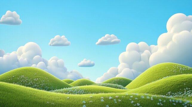 Dreamy 3D Cartoon Landscape: Rolling Grassy Hills Under Blue Sky
