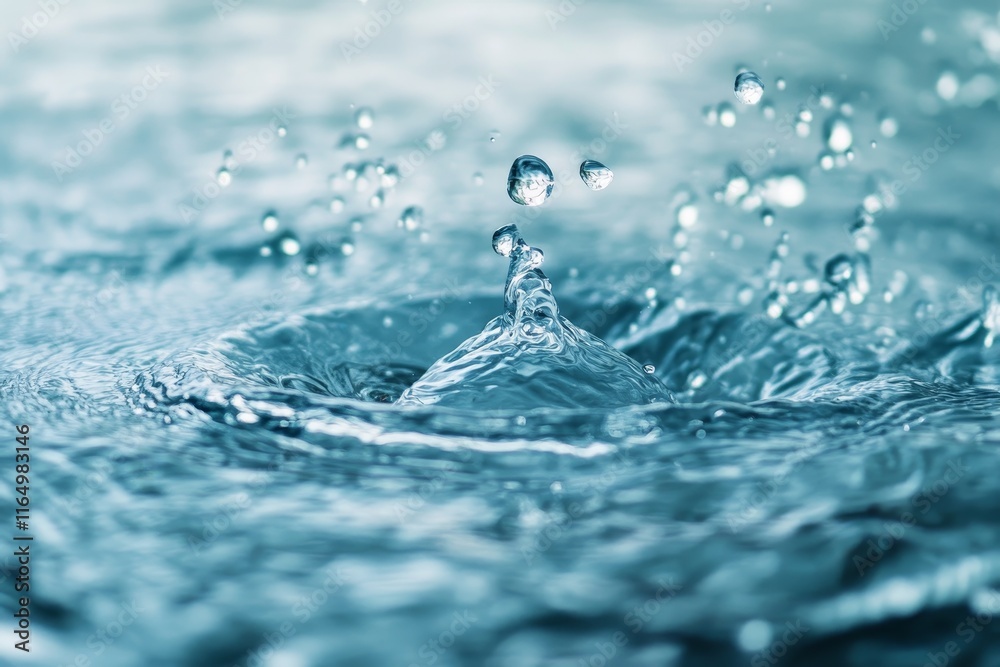 Poster close-up of water droplet impacting surface, creating ripples and splashes.